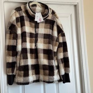 New LuLaRoe Medium Brown Off White Plaid Nancy Half Zip Pullover Sweater Jacket